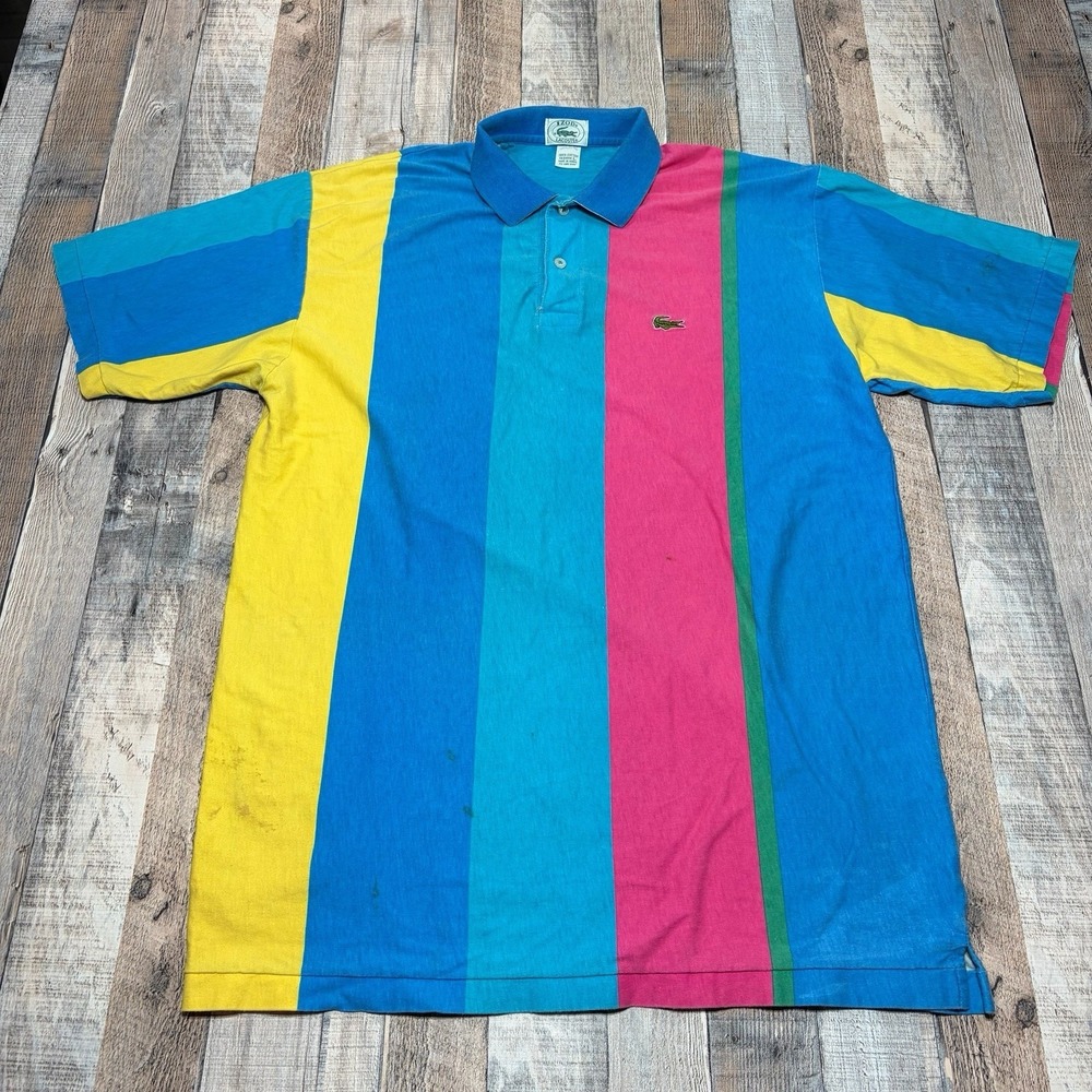 Vintage IZOD‎ Lacoste Polo Shirt Mens Large Multicolor Retro Striped USA 90s